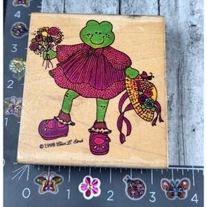 Stampassions Rhonda Ribbit Frog F3211 Hat Flowers Rubber Stamp Wood #G9